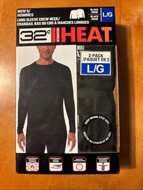 32 Degrees Men’s Long Sleeve Crew Neck Thermal Shirt - Black (2-Pack) L/G